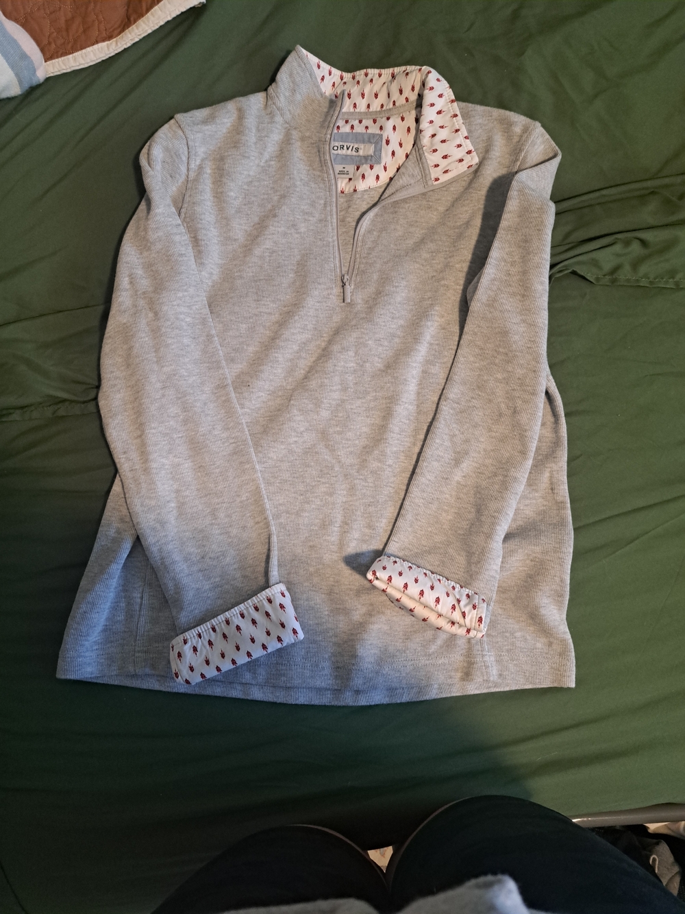 Orvis Women's Light Gray Quarter-Zip Sweater with Printed Trim